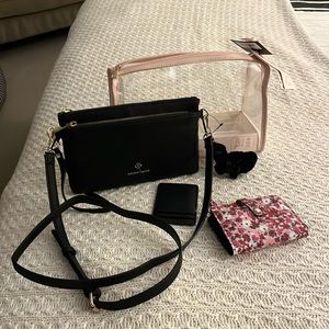 Nanette Lepore Black Crossbody, Wallet, Cardholder & Pink Clear Cosmetics Pouch